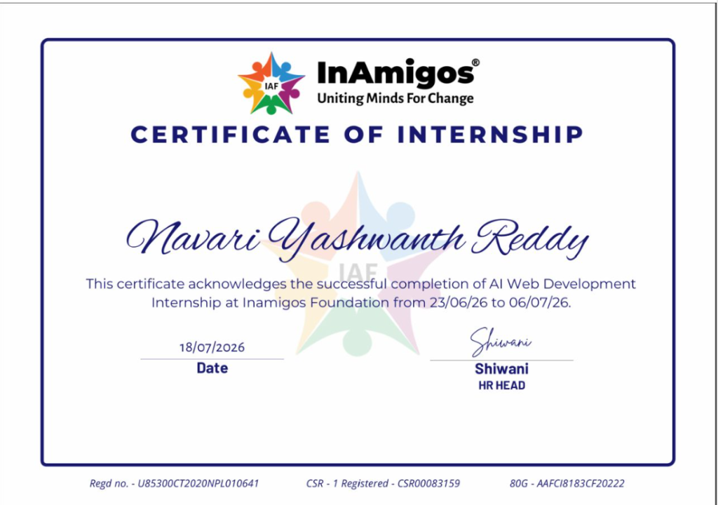 InAmigos Foundation Certificate of Internship
